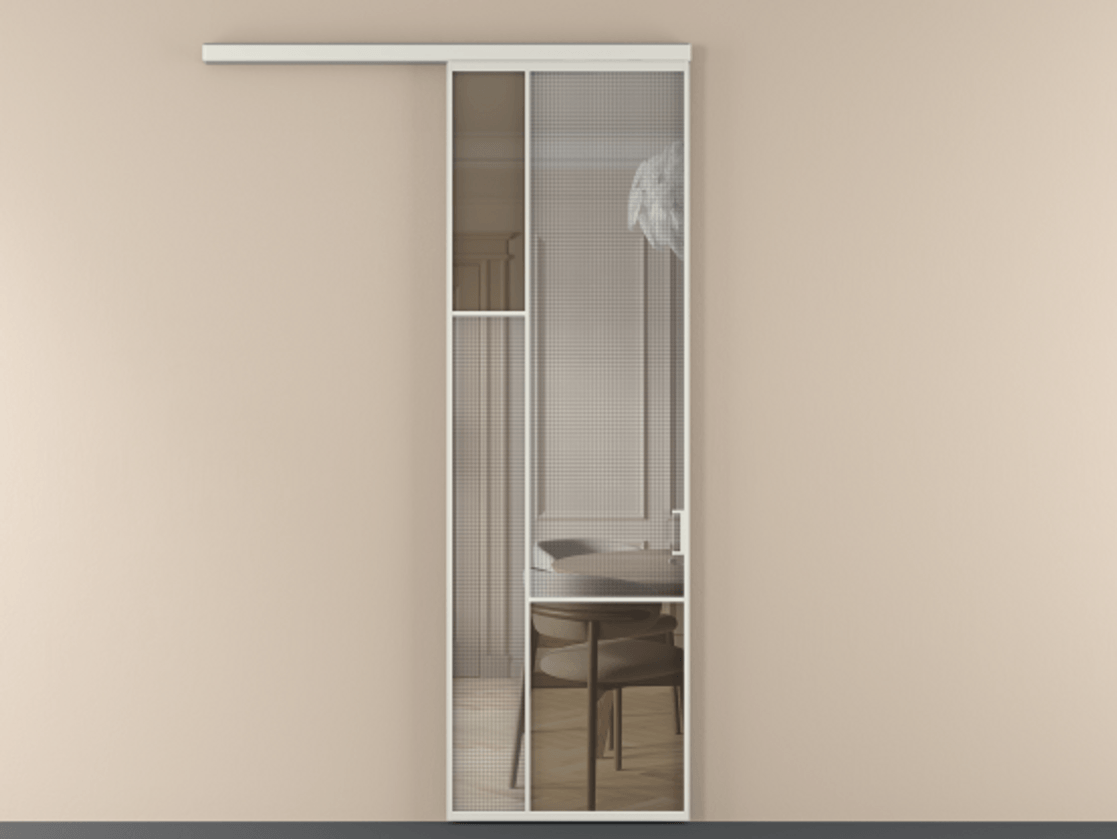 Перегородка Mosaic вдоль стены 1 створка АЛПР 041.13 Алюминий серый Декоративное стекло с сеткой "Mesh silver", триплекс, 6 мм + Прозрачное бронзовое стекло, триплекс Цена 143030 ₽ | Volhovec