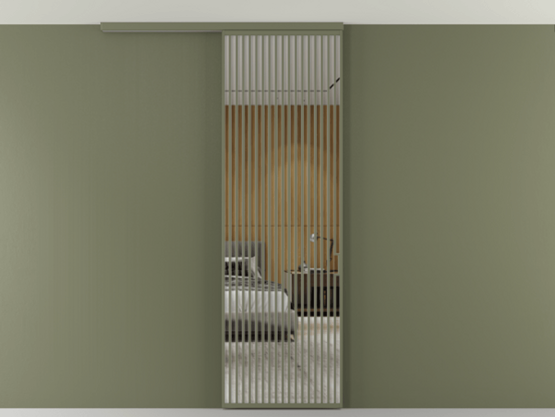 Перегородка Формато вдоль стены на потолок 1 створка АЛПР 040.06 Алюминий оливковый тёмный Двустороннее зеркало, триплекс , триплекс 6 мм Цена 187228 ₽ | Volhovec