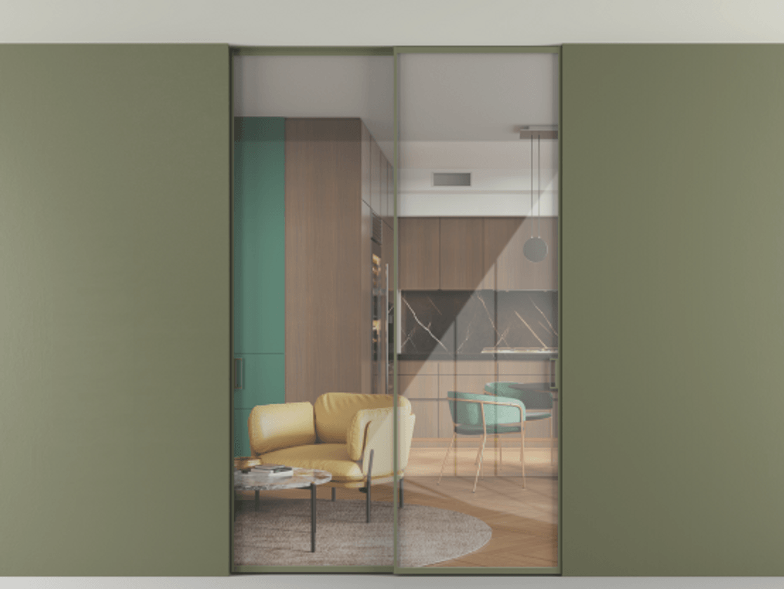 Перегородка Formato внутри проёма скрытое крепление в потолок 2 створки АЛПР 040.01 Алюминий оливковый тёмный Рефлективное прозрачное стекло "Stopsol", калёное Цена 293640 ₽ | Volhovec