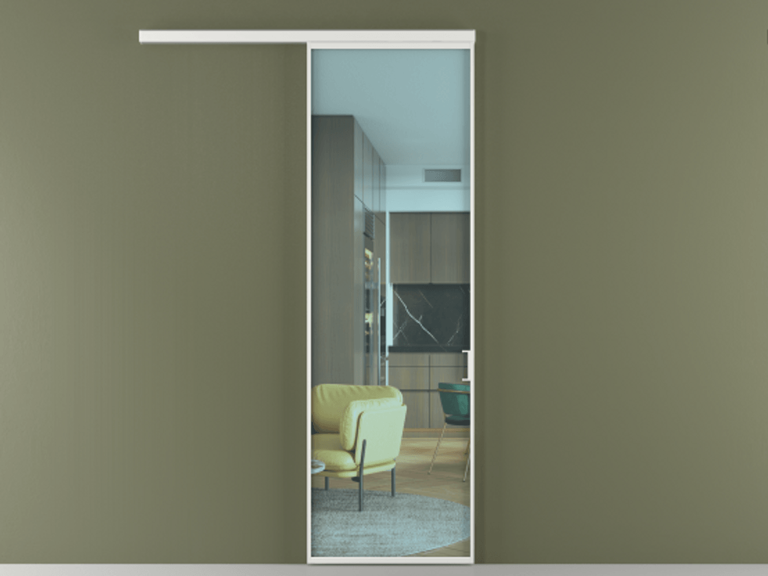 Перегородка Formato вдоль стены 1 створка АЛПР 040.01 Алюминий белоснежный Прозрачное голубое стекло, триплекс Цена 101760 ₽  | Volhovec