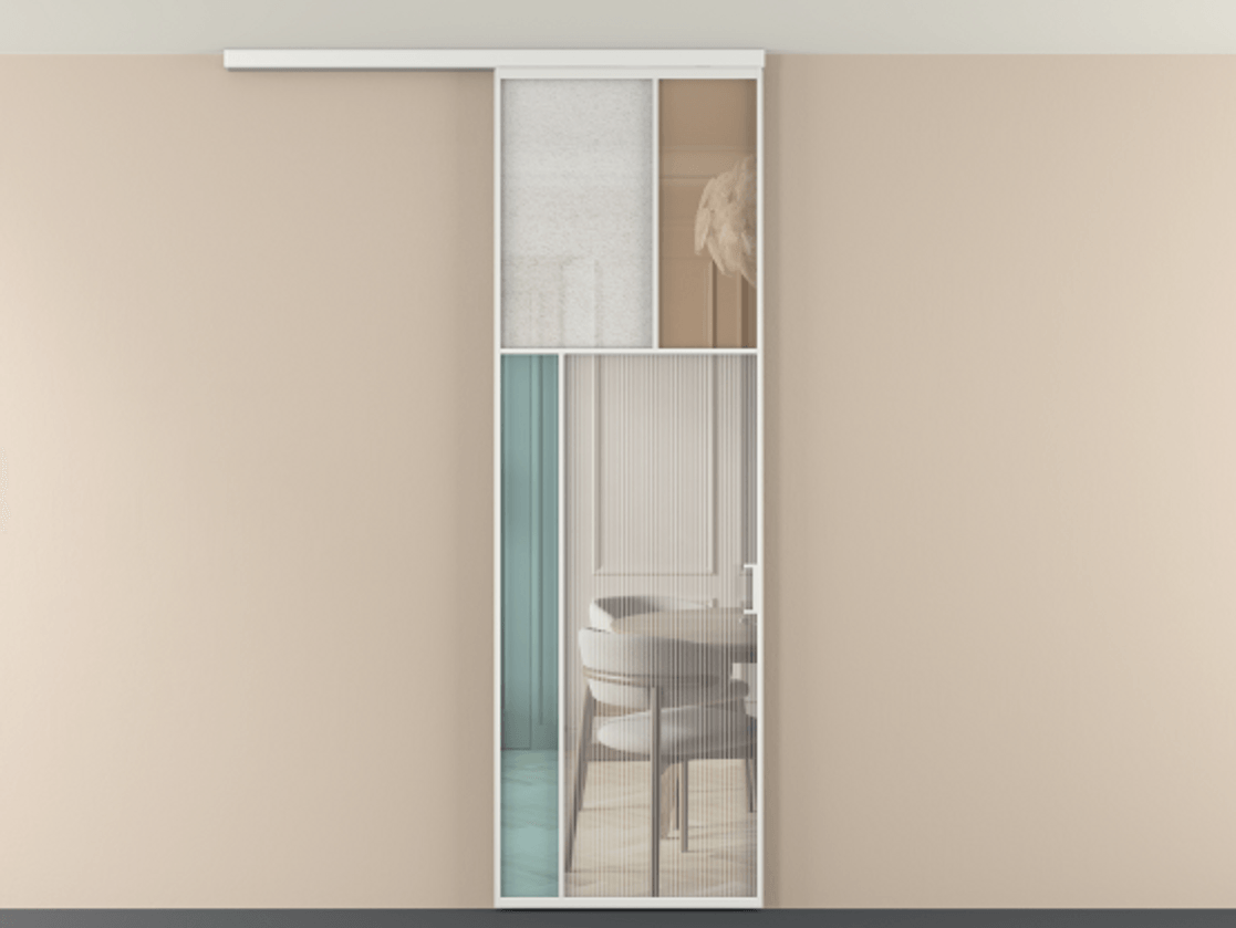 Перегородка Мозаик вдоль стены на потолок 1 створка АЛПР 041.22 Алюминий белоснежный Комбинация стекол Группы 1 и Группы 3 Цена 141040 ₽ | Volhovec