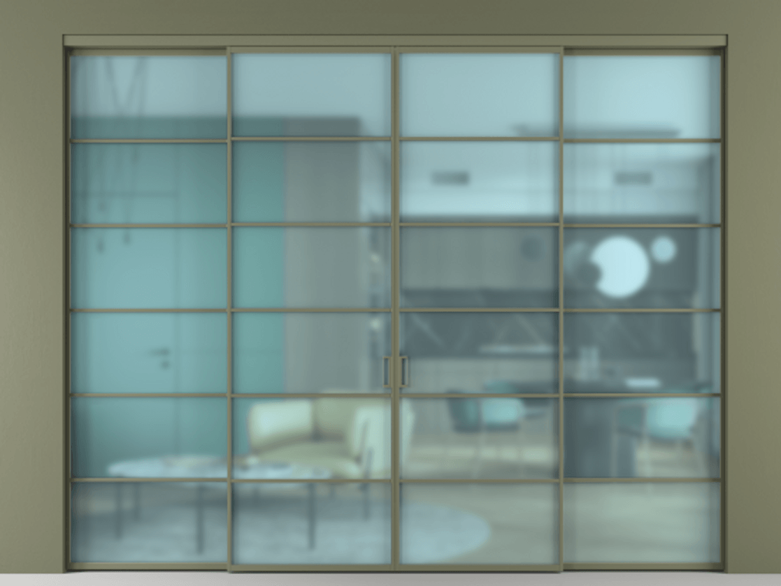 Перегородка Formato внутри проёма 4 створки АЛПР 040.04 Алюминий оливковый тёмный Сатинированное голубое стекло, триплекс Цена 362080 ₽  | Volhovec