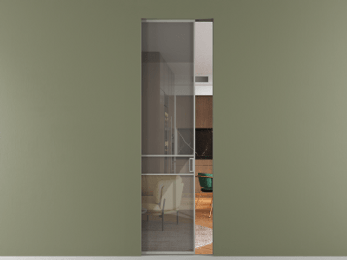 Перегородка Formato скрытый пенал 1 створка АЛПР 040.02 Алюминий нейтральный серый Рефлективное серое стекло "Stopsol", калёное Цена 178400 ₽ | Volhovec