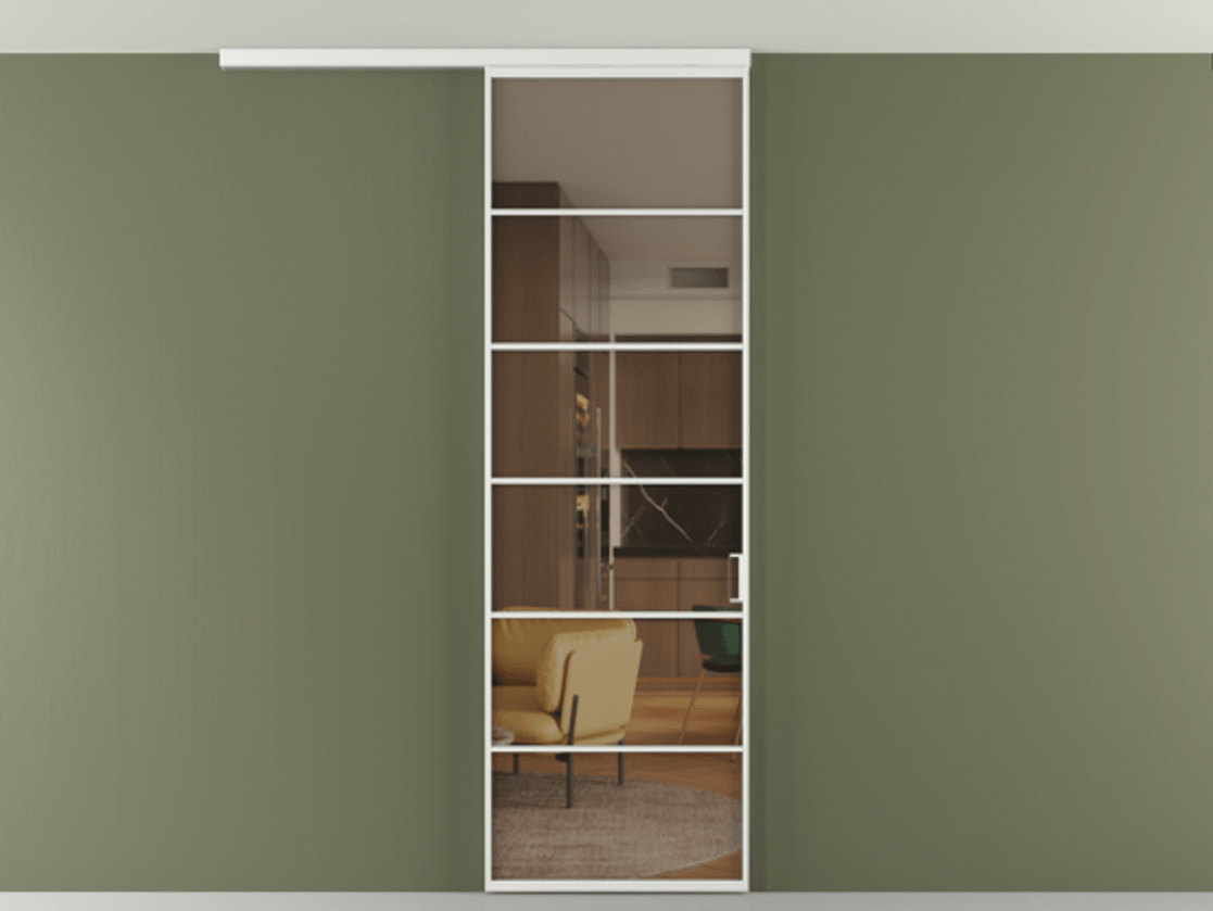 Перегородка Формато вдоль стены на потолок 1 створка АЛПР 040.04 Алюминий белоснежный Прозрачное бронзовое стекло, триплекс Цена 107852 ₽ | Volhovec