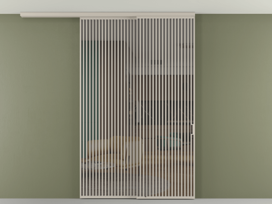 Перегородка Формато вдоль стены на потолок 2 створки с синхронным механизмом АЛПР 040.06 Алюминий светло-бежевый Прозрачное серое стекло, триплекс Цена 450456 ₽ | Volhovec