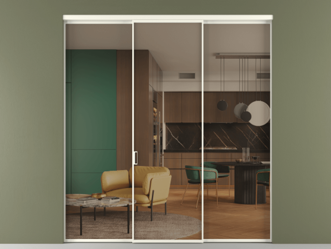 Перегородка Formato внутри проёма 3 створки АЛПР 040.01 Алюминий жемчужный Прозрачное бронзовое стекло, триплекс Цена 225125 ₽ | Volhovec