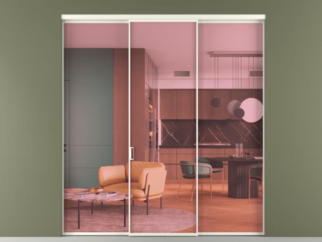 Перегородка Формато внутри проёма 3 створки АЛПР 040.01 Алюминий жемчужный Прозрачное розовое стекло, триплекс Цена 225125 ₽ | Volhovec