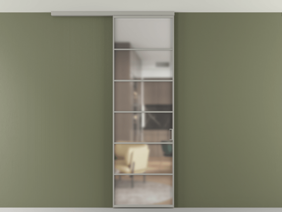 Перегородка Формато вдоль стены на потолок 1 створка АЛПР 040.04 Алюминий нейтральный серый Сатинированное стекло "Мателюкс Кристал Вижн", калёное, матовое, каленое 6 мм Цена 114252 ₽ | Volhovec