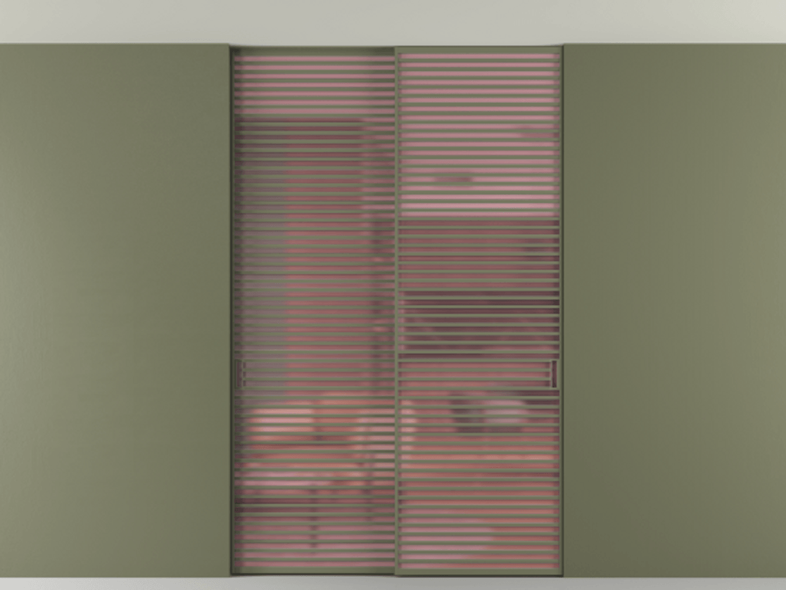 Перегородка Формато внутри проёма скрытое крепление в потолок 2 створки АЛПР 040.07 Алюминий оливковый тёмный Сатинированное розовое стекло, триплекс Цена 409915 ₽ | Volhovec