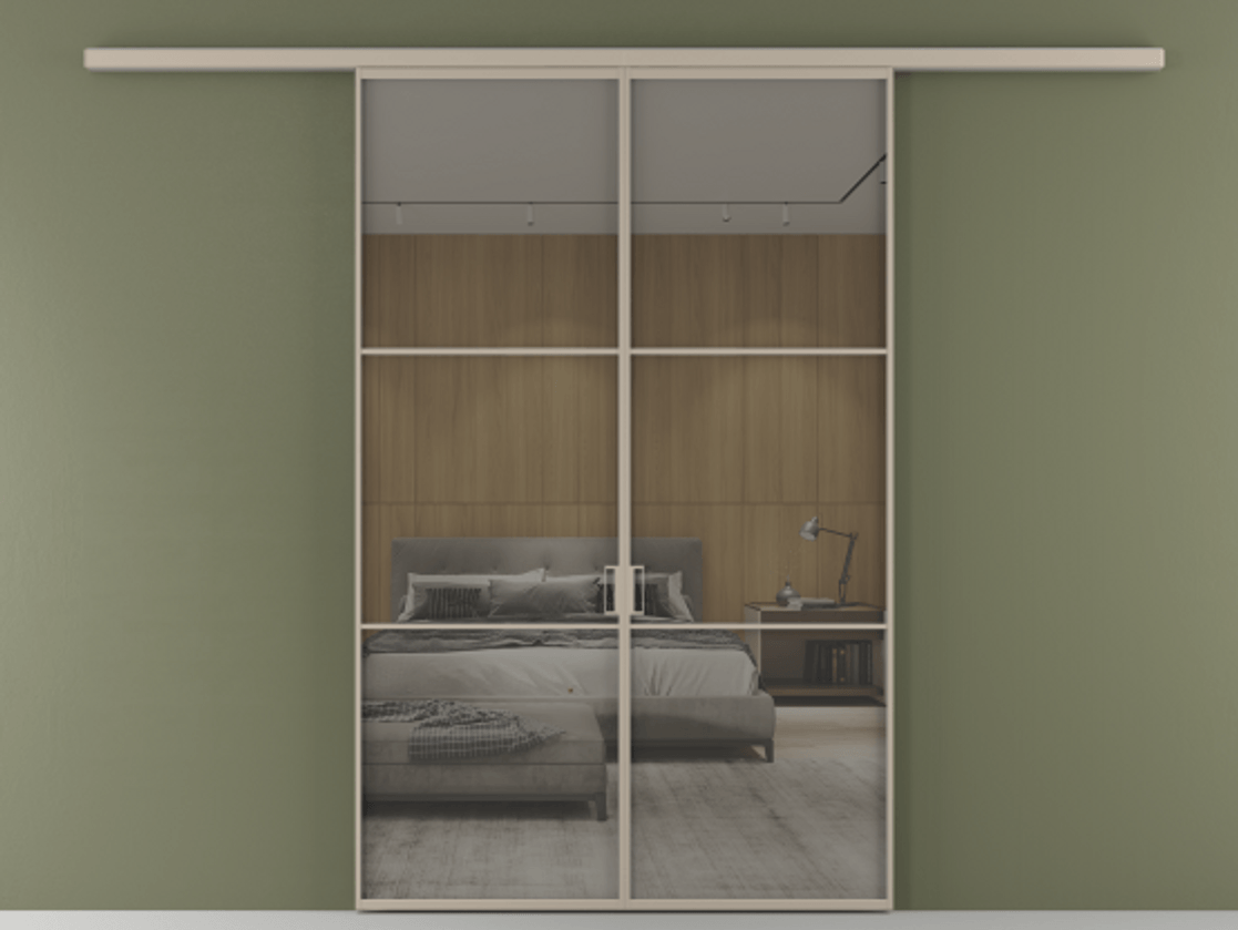 Перегородка Formato вдоль стены 2 створки АЛПР 040.03 Алюминий бисквитный Рефлективное серое стекло "Stopsol", калёное Цена 249000 ₽ | Volhovec