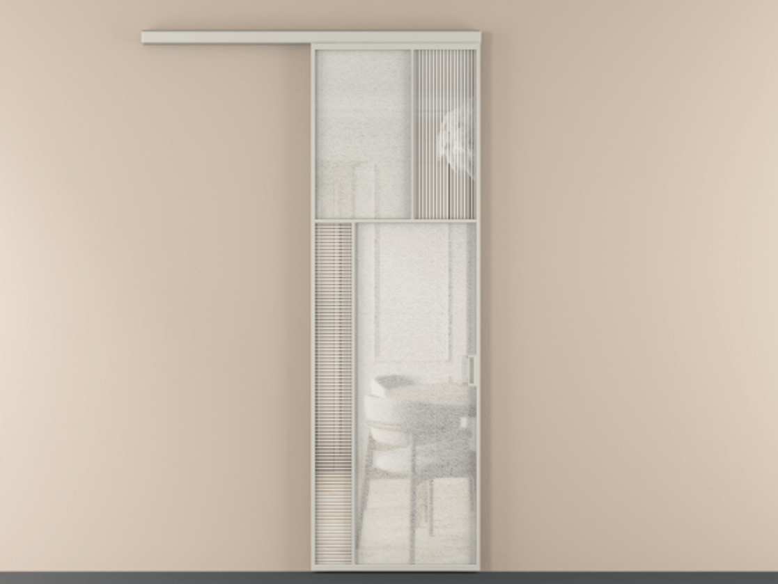 Перегородка Mosaic вдоль стены 1 створка АЛПР 041.22 Алюминий тёплый серый Рифлёное стекло "Дюна", триплекс, 6 мм + Фактурное стекло "Лёд", триплекс Цена 145030 ₽ | Volhovec