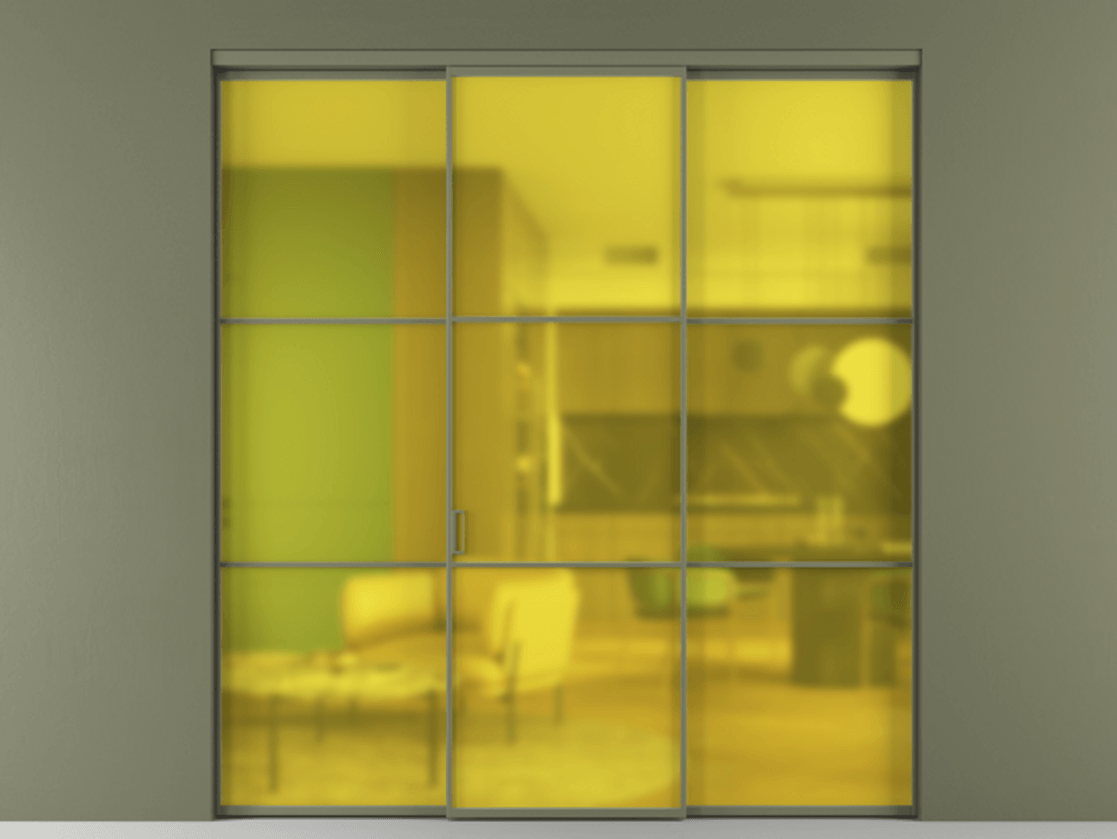 Перегородка Формато внутри проёма 3 створки АЛПР 040.03 Алюминий оливковый тёмный Сатинированное жёлтое стекло, триплекс Цена 237275 ₽ | Volhovec