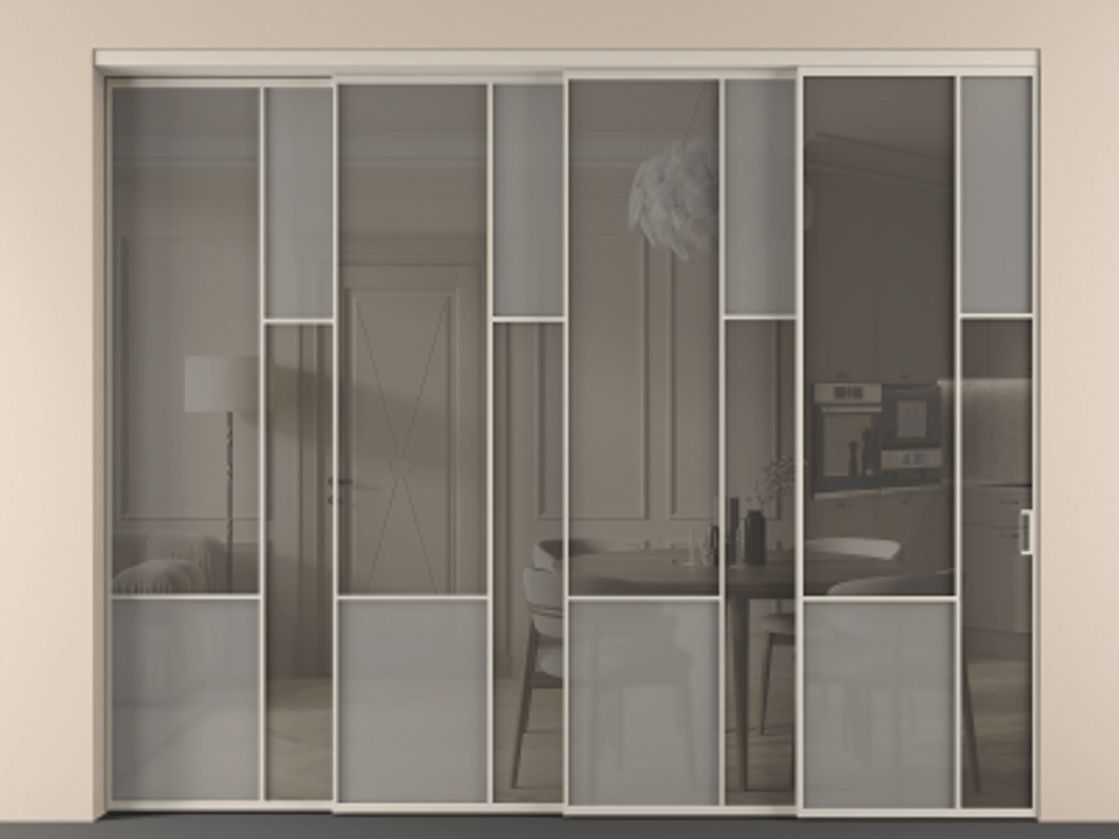 Перегородка Мозаик внутри проёма 4 створки с синхронным механизмом АЛПР 041.12 Алюминий светло-бежевый Сатинированное серое стекло, триплекс, 6 мм + Прозрачное серое стекло, триплекс. Цена 587520 ₽ . Фабрика дверей Волховец 8 (800) 551 43 19 Перегородка Мозаик внутри проёма 4 створки с синхронным механизмом АЛПР 041.12 Алюминий светло-бежевый Сатинированное серое стекло, триплекс, 6 мм + Прозрачное серое стекло, триплекс Цена 587520 ₽ | Volhovec