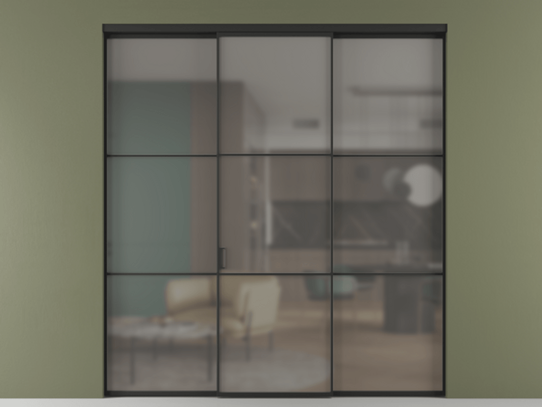 Перегородка Формато внутри проёма 3 створки АЛПР 040.03 Алюминий Черный Сатинированное серое стекло, триплекс Цена 227975 ₽ | Volhovec