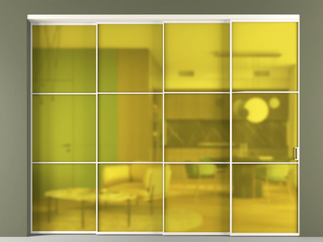 Перегородка Formato внутри проёма 4 створки с синхронным механизмом АЛПР 040.03 Алюминий пудровый белый Сатинированное жёлтое стекло, триплекс Цена 523800 ₽ | Volhovec