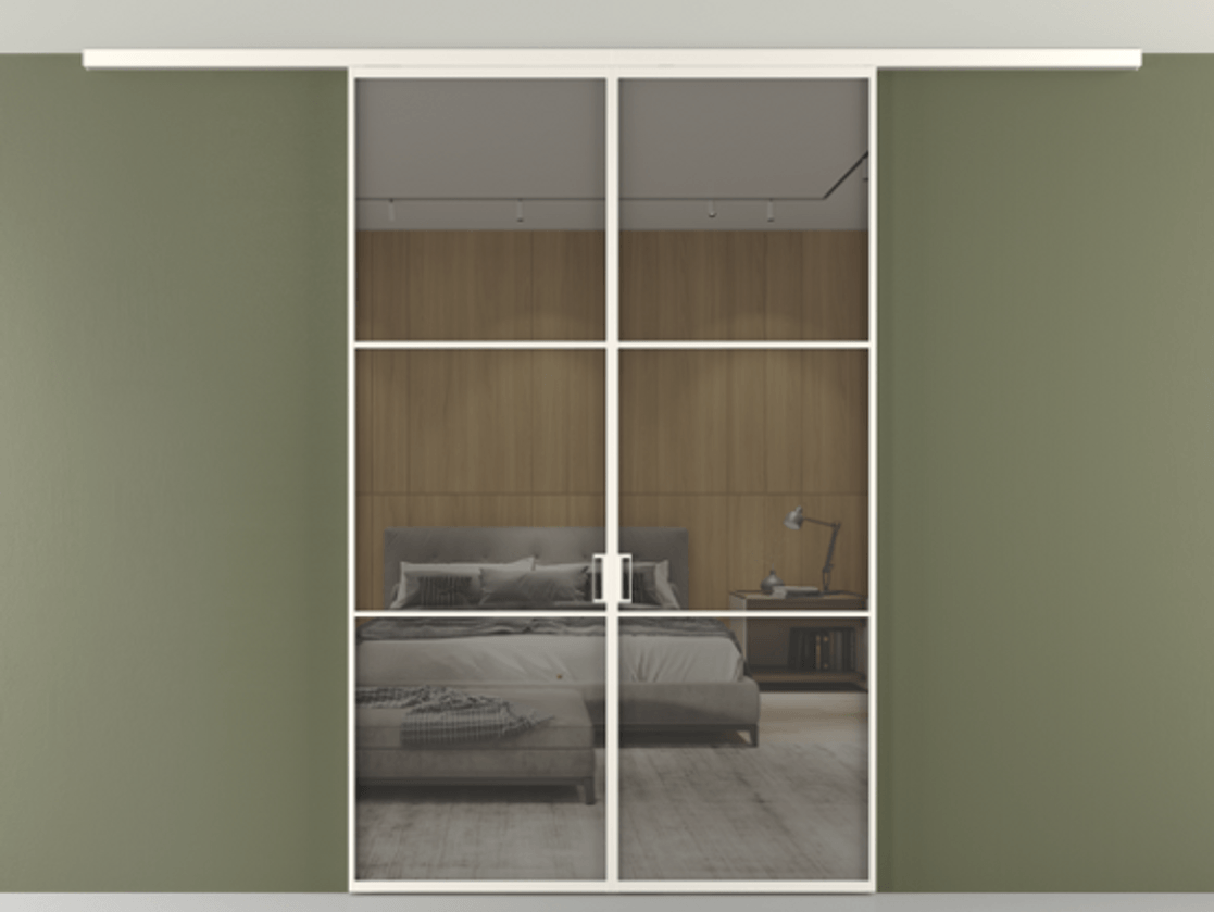 Перегородка Формато вдоль стены на потолок 2 створки АЛПР 040.03 Алюминий пудровый белый Рефлективное серое стекло "Стопсол", калёное Цена 243920 ₽ | Volhovec