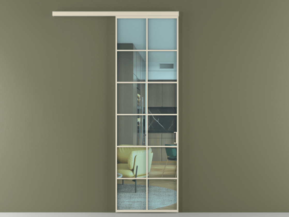 Межкомнатная дверь New Перегородка Formato вдоль стены одностворчатая АЛПР 040.05 Алюминий бежево-серый Прозрачное голубое стекло, триплекс Цена 74400  | Volhovec