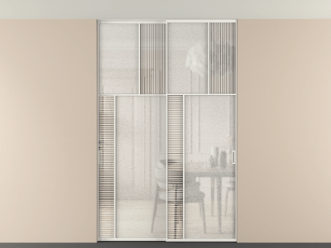 Перегородка Мозаик внутри проёма скрытое крепление в потолок 2 створки АЛПР 041.22 Алюминий светло-серый Рифлёное стекло "Дюна", триплекс, 6 мм + Фактурное стекло "Лёд", триплекс Цена 340580 ₽ | Volhovec