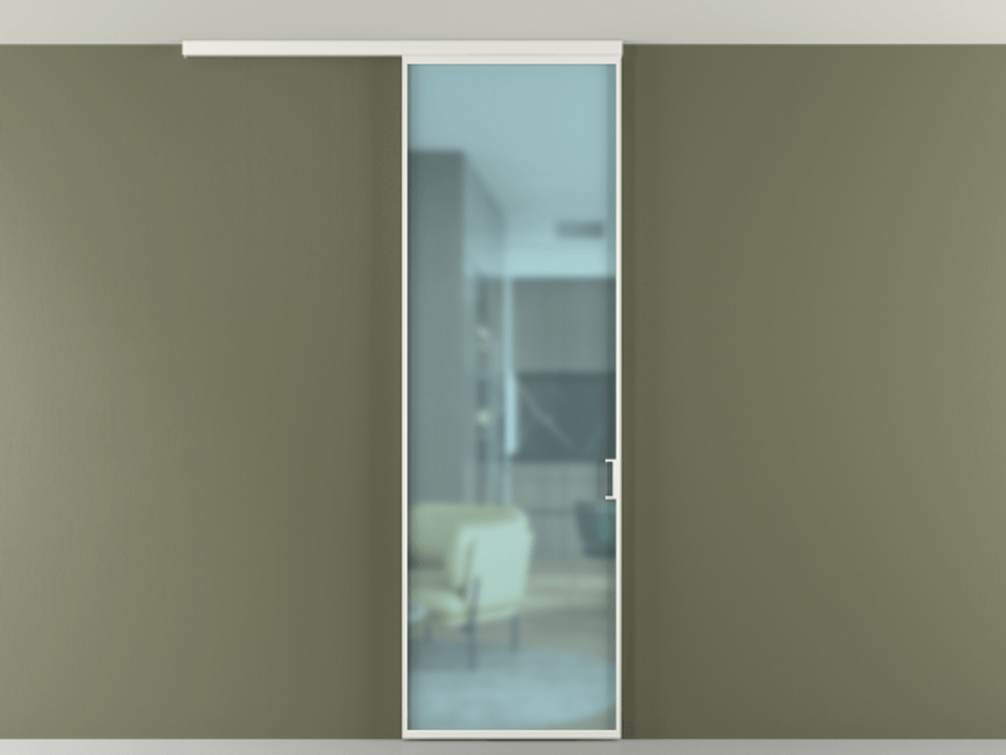 Перегородка Формато вдоль стены на потолок 1 створка АЛПР 040.01 Алюминий светло-серый Сатинированное голубое стекло, триплекс Цена 92403 ₽ | Volhovec