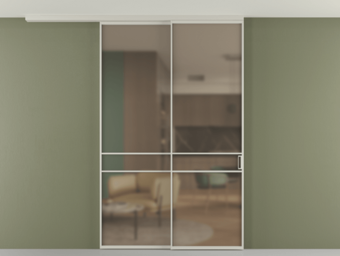 Перегородка Формато вдоль стены на потолок 2 створки с синхронным механизмом АЛПР 040.02 Алюминий тёплый серый Сатинированное бронзовое стекло, триплекс Цена 311020 ₽ | Volhovec