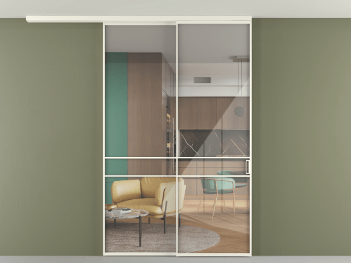 Перегородка Формато вдоль стены на потолок 2 створки с синхронным механизмом АЛПР 040.02 Алюминий жемчужный Рефлективное прозрачное стекло "Стопсол", калёное Цена 290776 ₽ | Volhovec