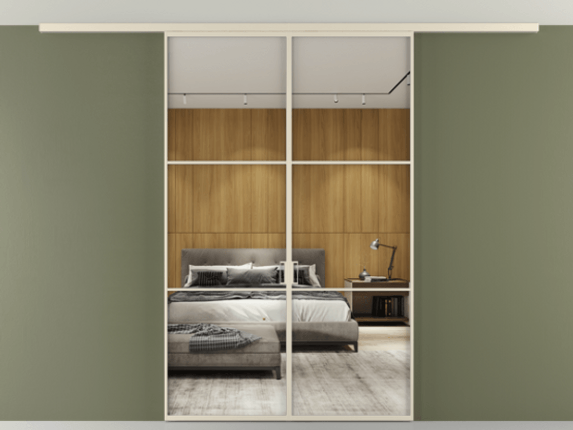 Перегородка Формато вдоль стены на потолок 2 створки АЛПР 040.03 Алюминий бежево-серый Двустороннее зеркало, триплекс , триплекс 6 мм Цена 227920 ₽ | Volhovec