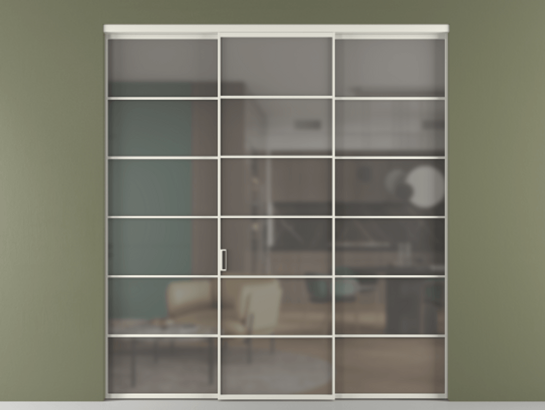 Перегородка Formato внутри проёма 3 створки АЛПР 040.04 Алюминий Белый Сатинированное серое стекло, триплекс Цена 244625 ₽ | Volhovec