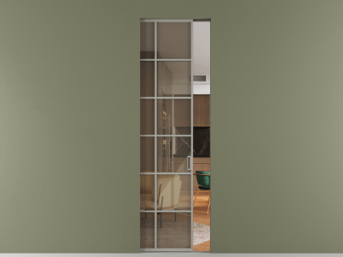 Перегородка Formato скрытый пенал 1 створка АЛПР 040.05 Алюминий нейтральный серый Рефлективное бронзовое стекло "Stopsol", калёное Цена 186200 ₽ | Volhovec