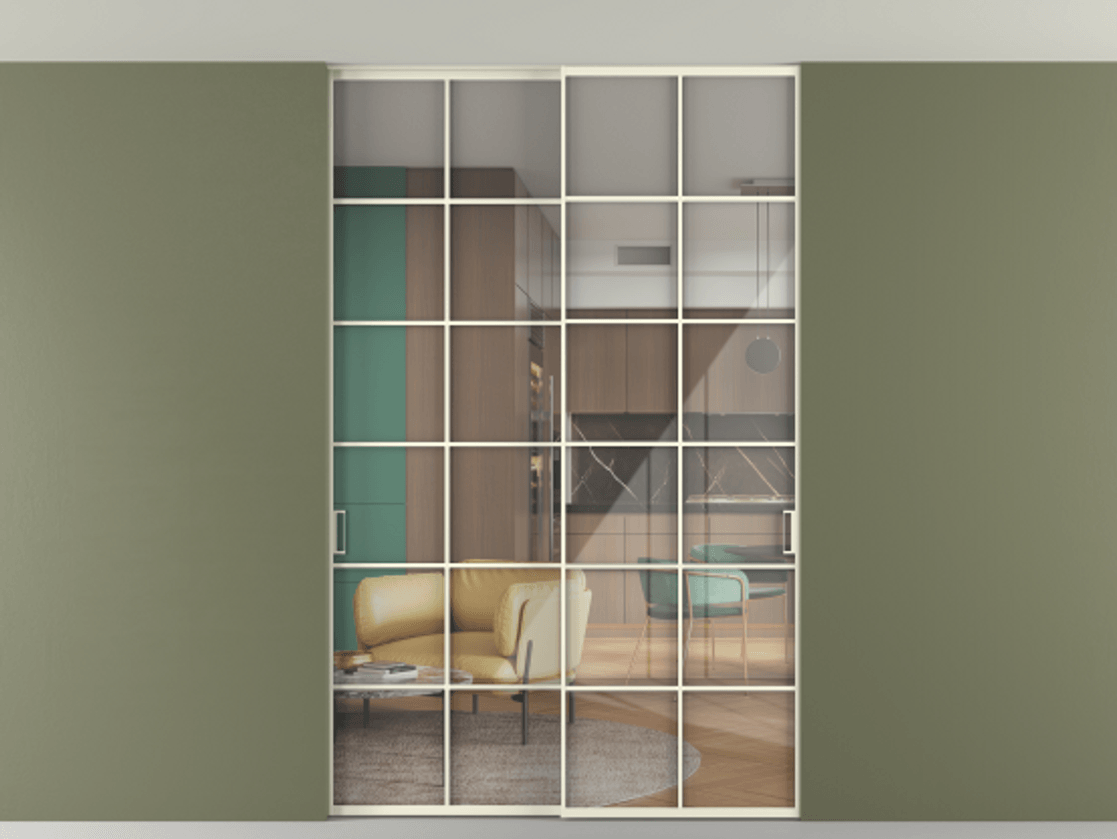 Перегородка Формато внутри проёма скрытое крепление в потолок 2 створки АЛПР 040.05 Алюминий молочно-белый Рефлективное прозрачное стекло "Стопсол", калёное Цена 322680 ₽ | Volhovec