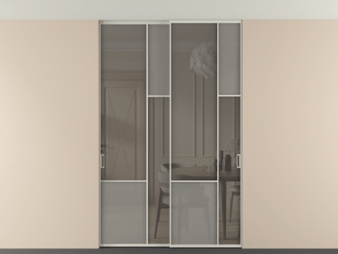 Перегородка Мозаик внутри проёма скрытое крепление в потолок 2 створки АЛПР 041.12 Алюминий тёплый серый Сатинированное серое стекло, триплекс, 6 мм + Прозрачное серое стекло, триплекс Цена 324580 ₽ | Volhovec