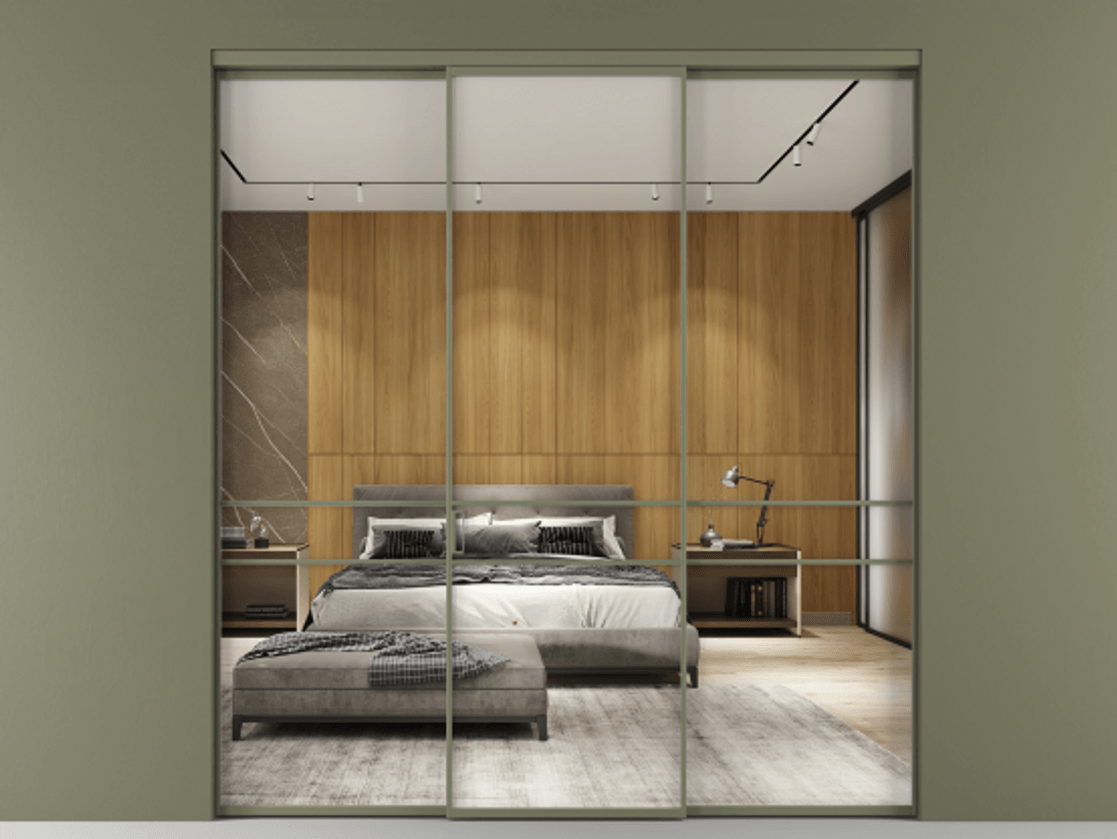 Перегородка Формато внутри проёма 3 створки АЛПР 040.02 Алюминий оливковый тёмный Двустороннее зеркало, триплекс , триплекс 6 мм Цена 237275 ₽ | Volhovec