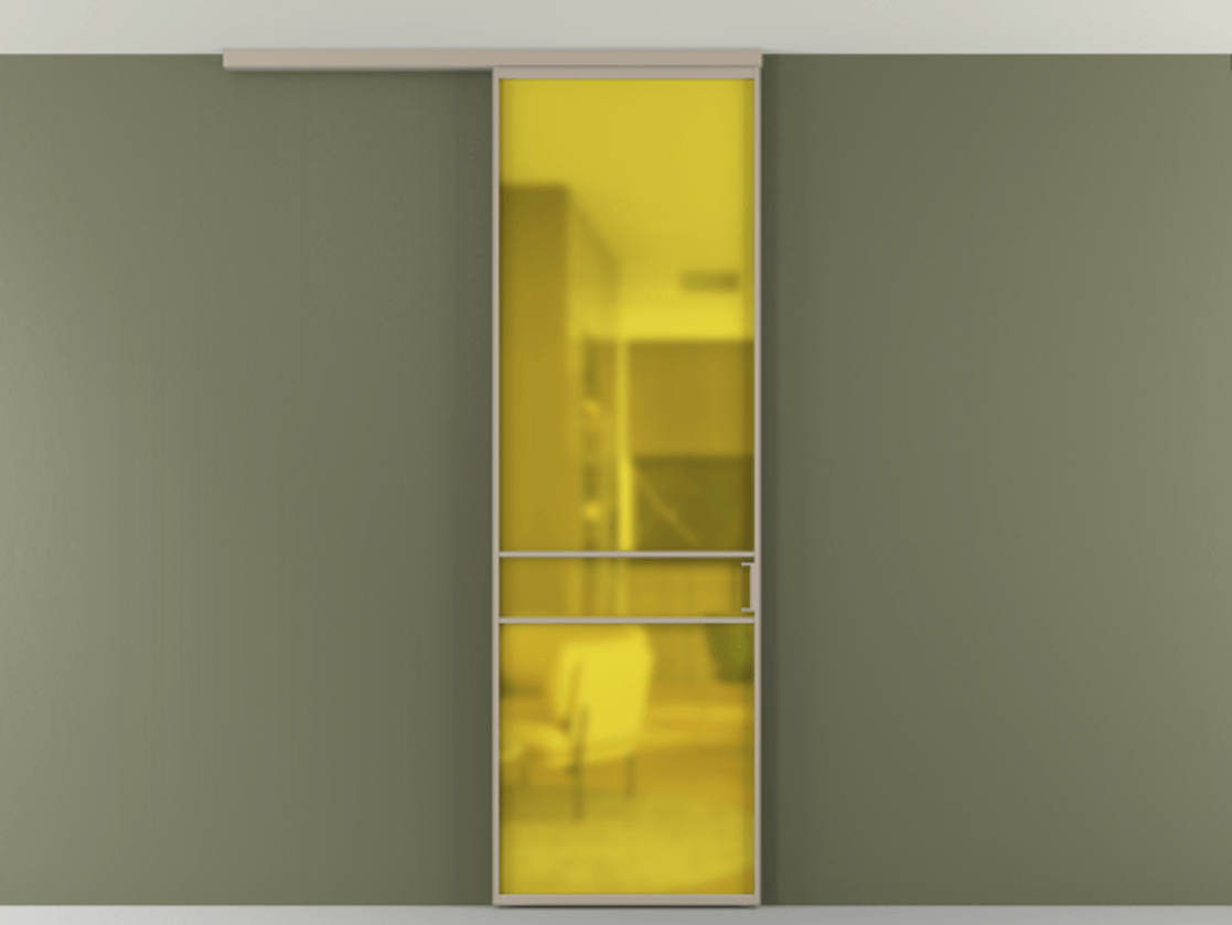 Перегородка Формато вдоль стены на потолок 1 створка АЛПР 040.02 Алюминий бисквитный Сатинированное жёлтое стекло, триплекс Цена 100988 ₽ | Volhovec