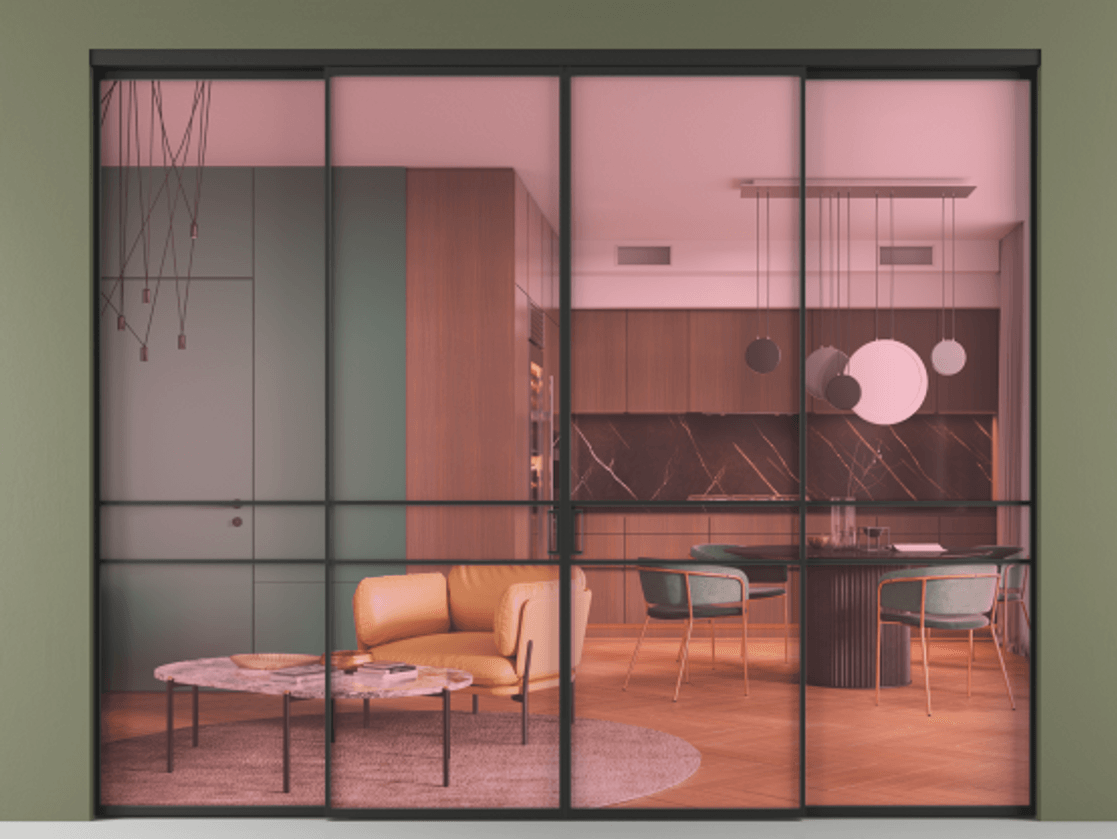 Перегородка Formato внутри проёма 4 створки АЛПР 040.02 Алюминий Черный Прозрачное розовое стекло, триплекс Цена 324000 ₽  | Volhovec