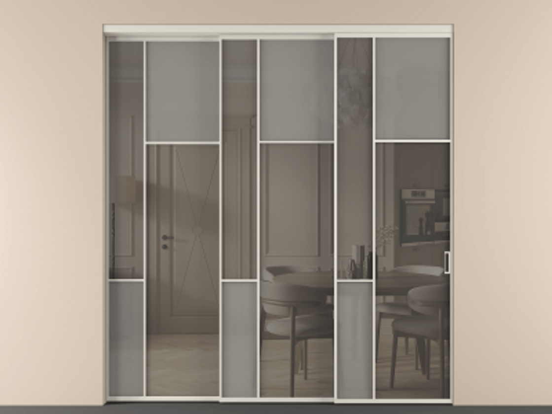 Перегородка Мозаик внутри проёма 3 створки с синхронным механизмом АЛПР 041.11 Алюминий облачно-серый Сатинированное серое стекло, триплекс, 6 мм + Прозрачное серое стекло, триплекс Цена 437390 ₽ | Volhovec