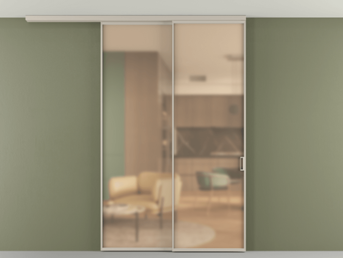 Перегородка Formato вдоль стены на потолок 2 створки с синхронным механизмом АЛПР 040.01 Алюминий светло-бежевый Сатинированное оранжевое стекло, триплекс Цена 268472 ₽ | Volhovec