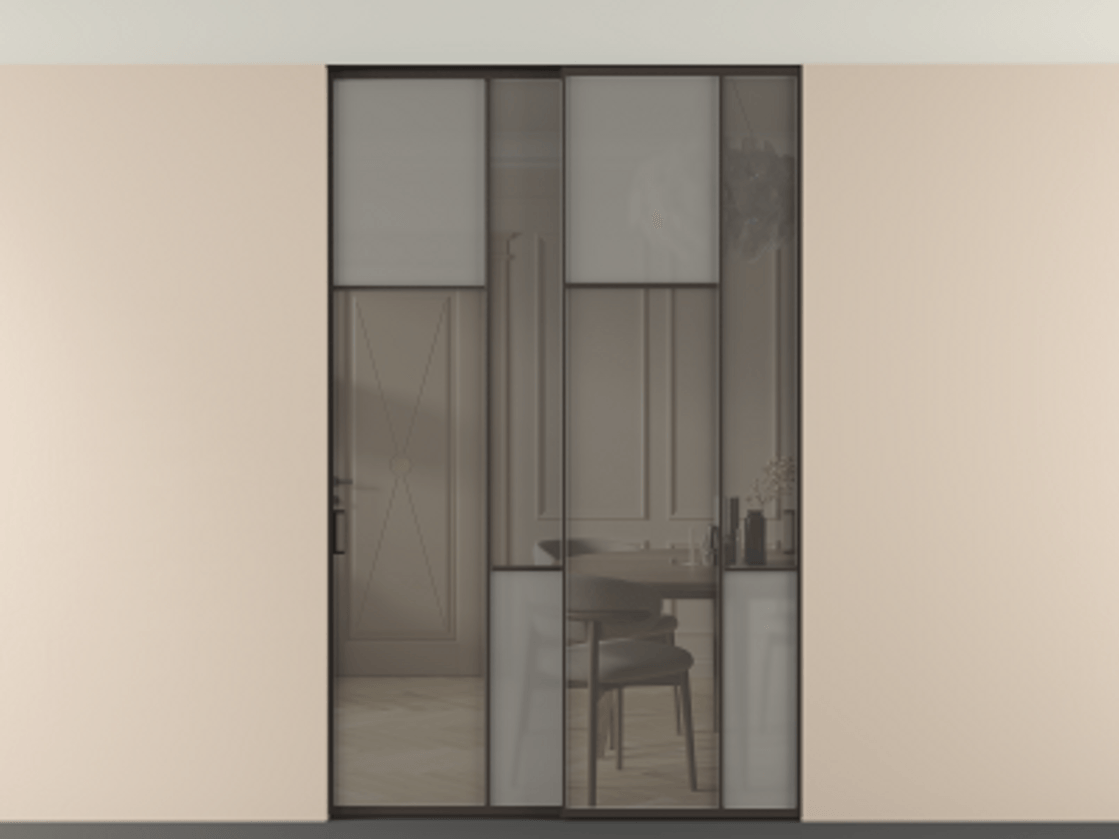 Перегородка Мозаик внутри проёма скрытое крепление в потолок 2 створки АЛПР 041.10 Алюминий антрацит Сатинированное серое стекло, триплекс, 6 мм + Прозрачное серое стекло, триплекс Цена 324580 ₽ | Volhovec