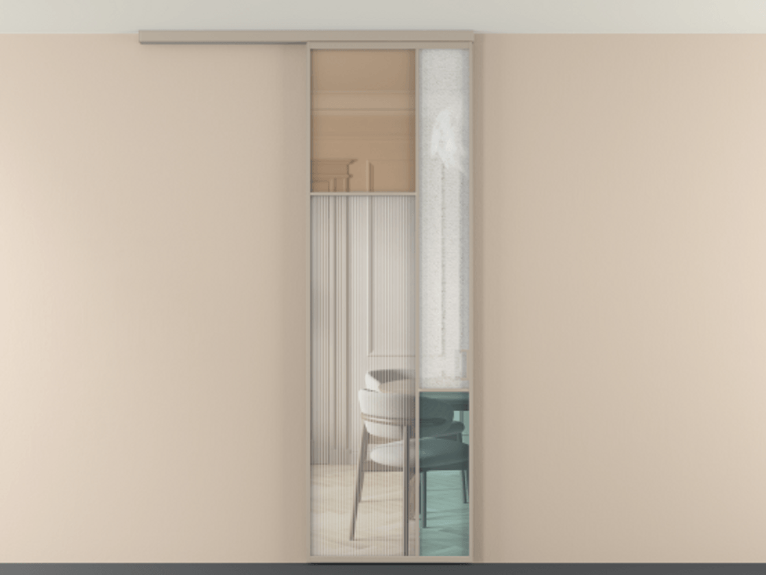 Перегородка Мозаик вдоль стены на потолок 1 створка АЛПР 041.10 Алюминий бисквитный Комбинация стекол Группы 1 и Группы 3 Цена 141040 ₽ | Volhovec