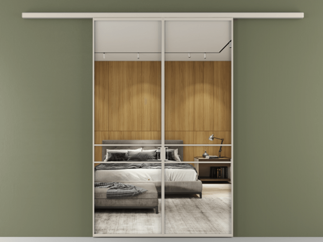 Перегородка Формато вдоль стены 2 створки АЛПР 040.02 Алюминий светло-бежевый Двустороннее зеркало, триплекс , триплекс 6 мм Цена 195450 ₽ | Volhovec