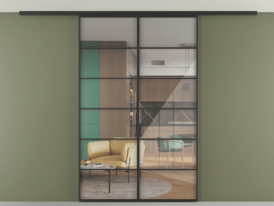 Перегородка Формато вдоль стены на потолок 2 створки АЛПР 040.04 Алюминий Черный Рефлективное прозрачное стекло "Стопсол", калёное Цена 213264 ₽ | Volhovec