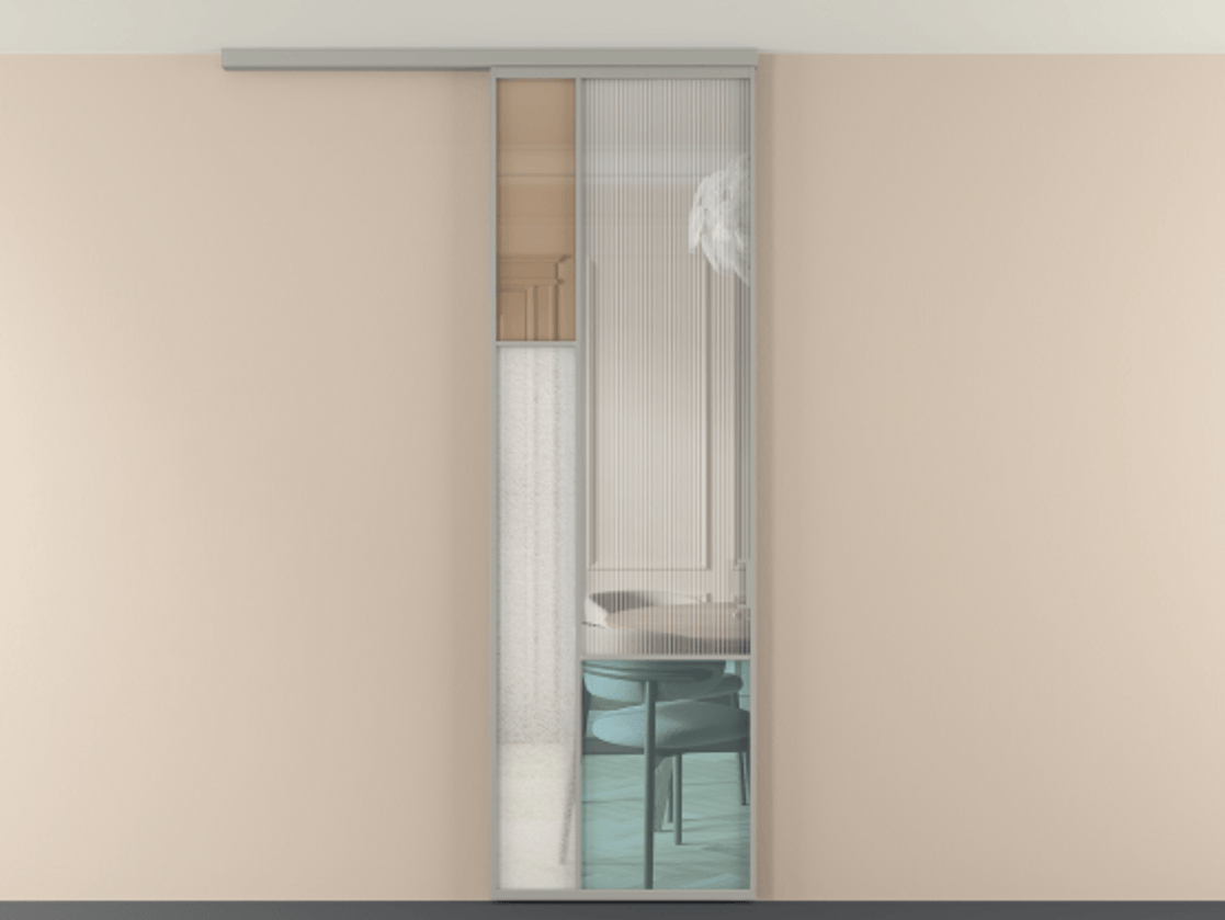 Перегородка Мозаик вдоль стены на потолок 1 створка АЛПР 041.13 Алюминий нейтральный серый Комбинация стекол Группы 1 и Группы 3 Цена 141040 ₽ | Volhovec