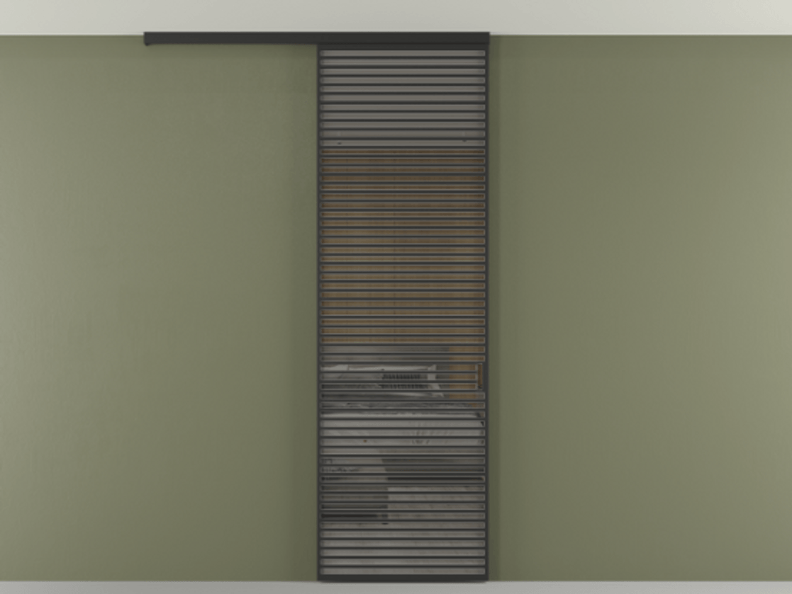 Перегородка Формато вдоль стены на потолок 1 створка АЛПР 040.07 Алюминий Черный Рефлективное серое стекло "Стопсол", калёное Цена 223480 ₽ | Volhovec