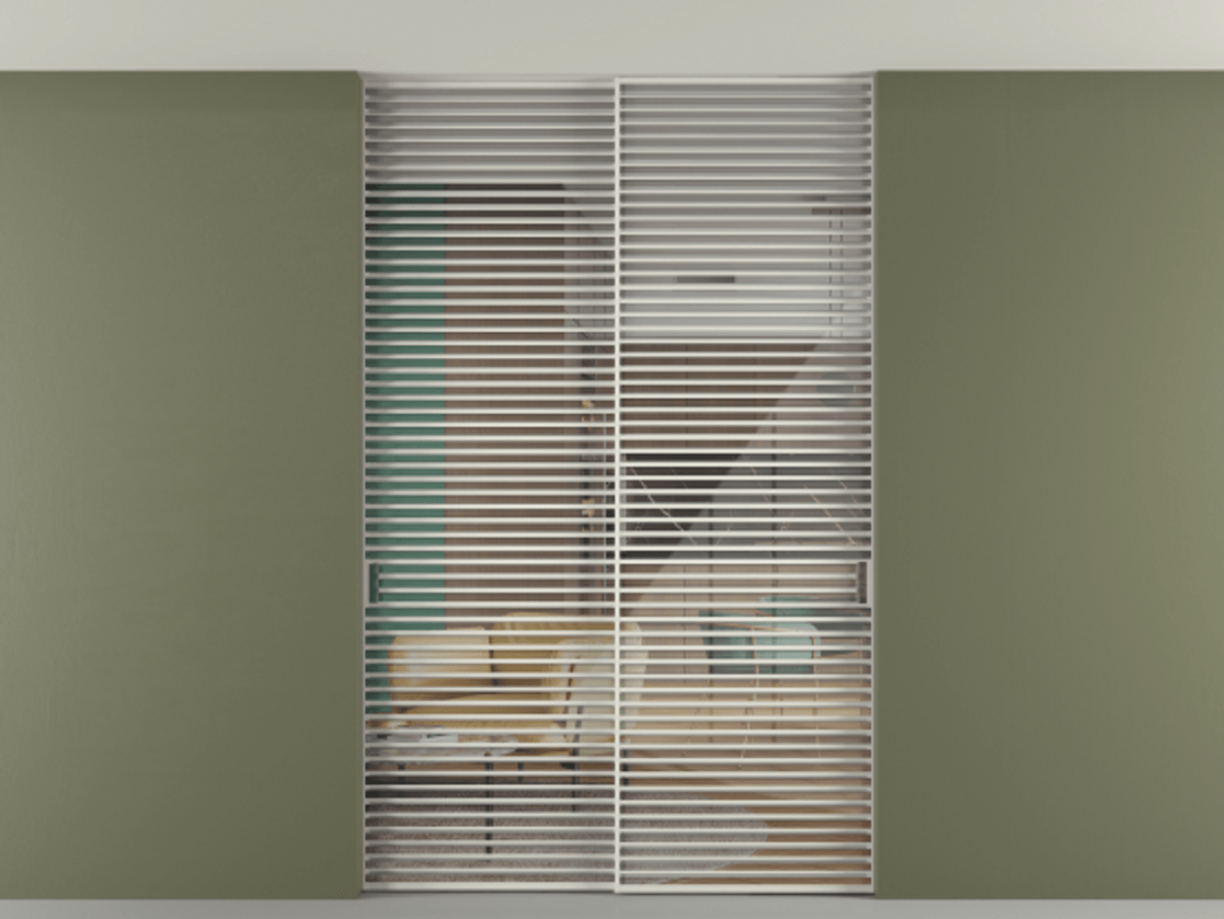 Перегородка Формато внутри проёма скрытое крепление в потолок 2 створки АЛПР 040.07 Алюминий Белый Рефлективное прозрачное стекло "Стопсол", калёное Цена 26210 AZE | Volhovec