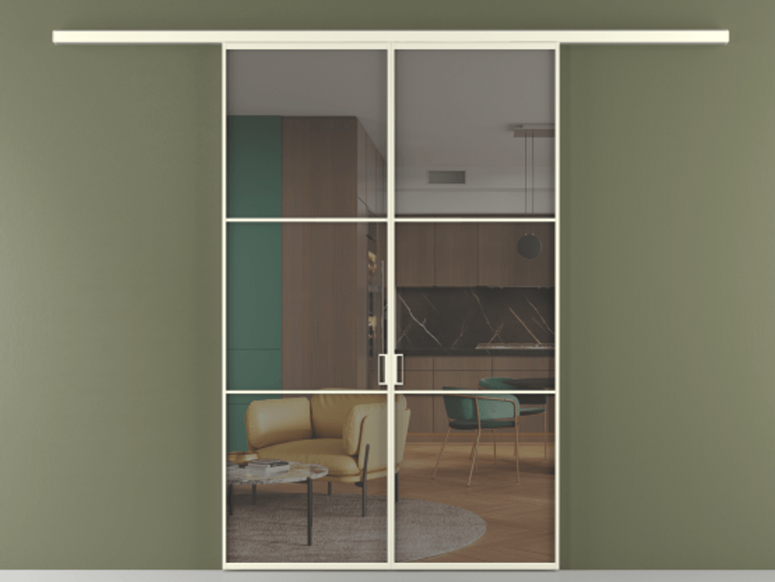 Перегородка Formato вдоль стены 2 створки АЛПР 040.03 Алюминий молочно-белый Прозрачное серое стекло, триплекс Цена 233000 ₽ | Volhovec