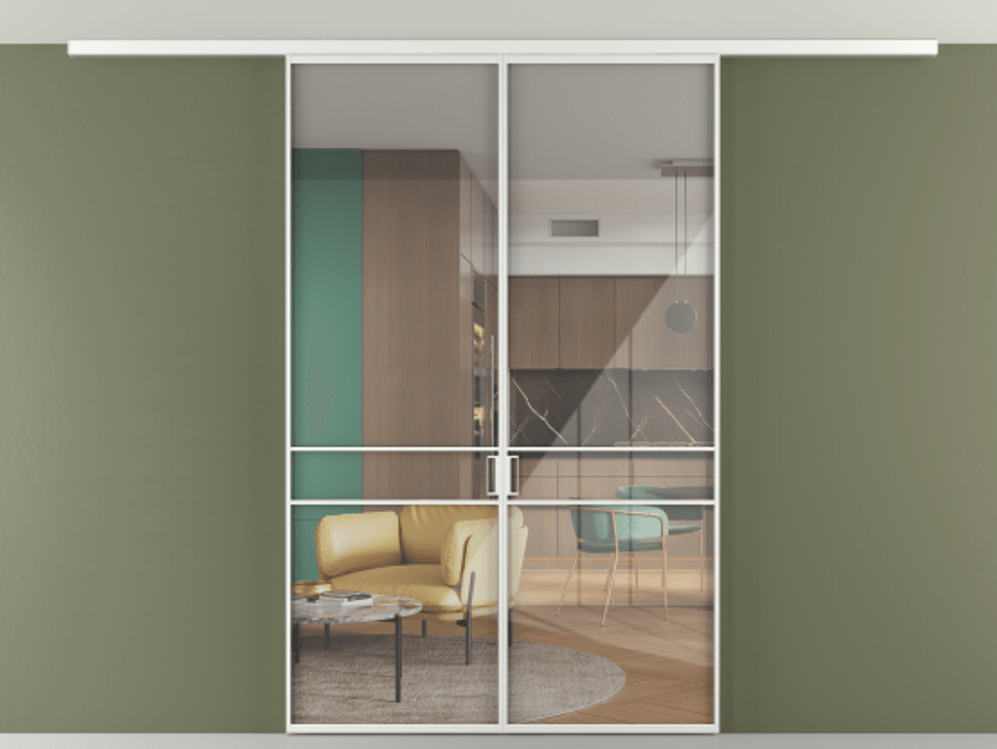 Перегородка Формато вдоль стены на потолок 2 створки АЛПР 040.02 Алюминий белоснежный Рефлективное прозрачное стекло "Стопсол", калёное Цена 207676 ₽ | Volhovec