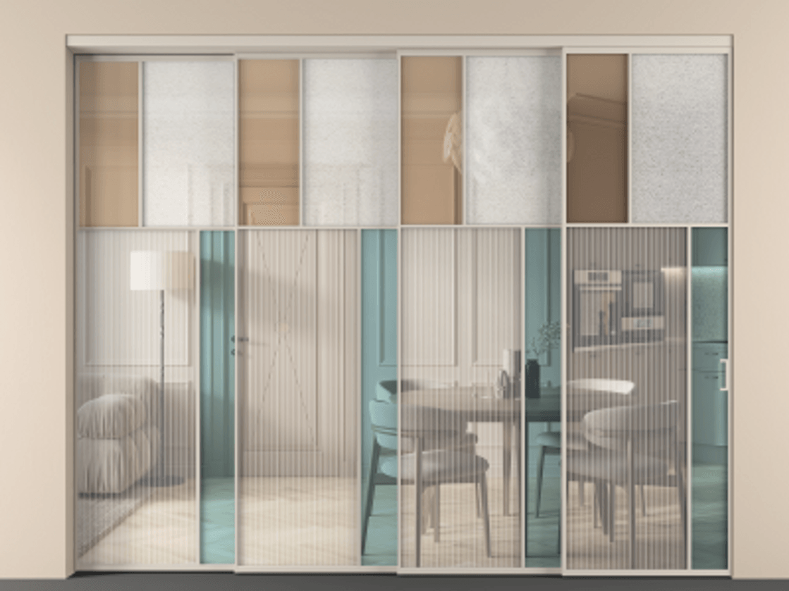 Перегородка Мозаик внутри проёма 4 створки с синхронным механизмом АЛПР 041.23 Алюминий светло-бежевый Комбинация стекол Группы 1 и Группы 3 Цена 611520 ₽ | Volhovec