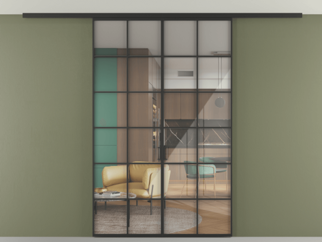 Перегородка Формато вдоль стены на потолок 2 створки АЛПР 040.05 Алюминий Черный Рефлективное прозрачное стекло "Стопсол", калёное Цена 213264 ₽ | Volhovec