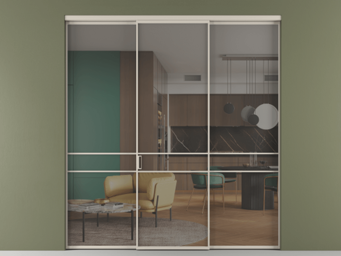 Перегородка Формато внутри проёма 3 створки АЛПР 040.02 Алюминий светло-бежевый Рефлективное серое стекло "Стопсол", калёное Цена 317600 ₽ | Volhovec