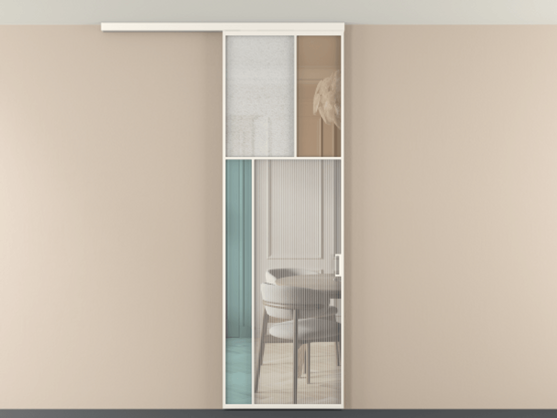 Перегородка Мозаик вдоль стены на потолок 1 створка АЛПР 041.22 Алюминий пудровый белый Комбинация стекол Группы 1 и Группы 3 Цена 141040 ₽ | Volhovec