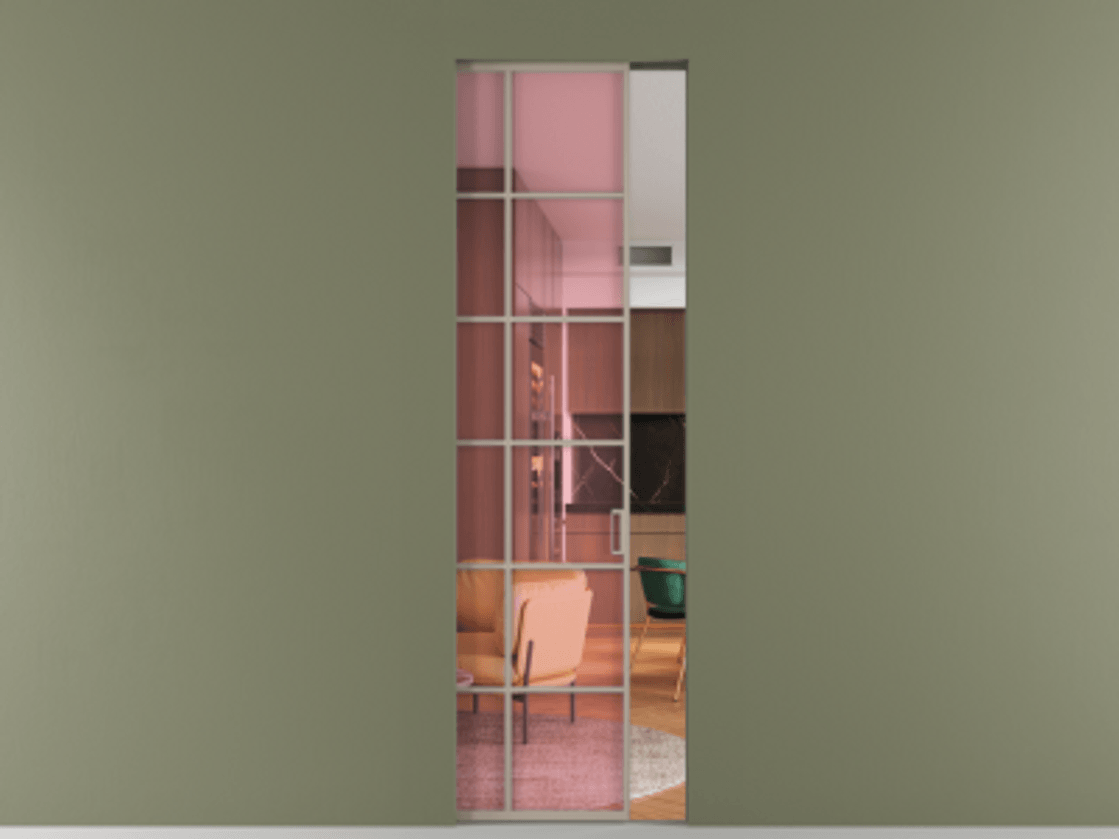 Перегородка Formato скрытый пенал 1 створка АЛПР 040.05 Алюминий бисквитный Прозрачное розовое стекло, триплекс Цена 178200 ₽ | Volhovec