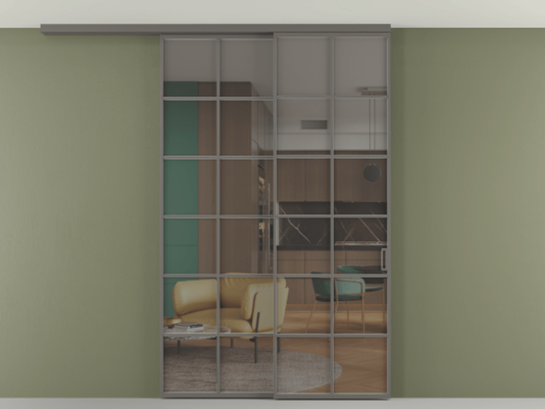 Перегородка Формато вдоль стены на потолок 2 створки с синхронным механизмом АЛПР 040.05 Алюминий классический серый Прозрачное серое стекло, триплекс Цена 291704 ₽ | Volhovec